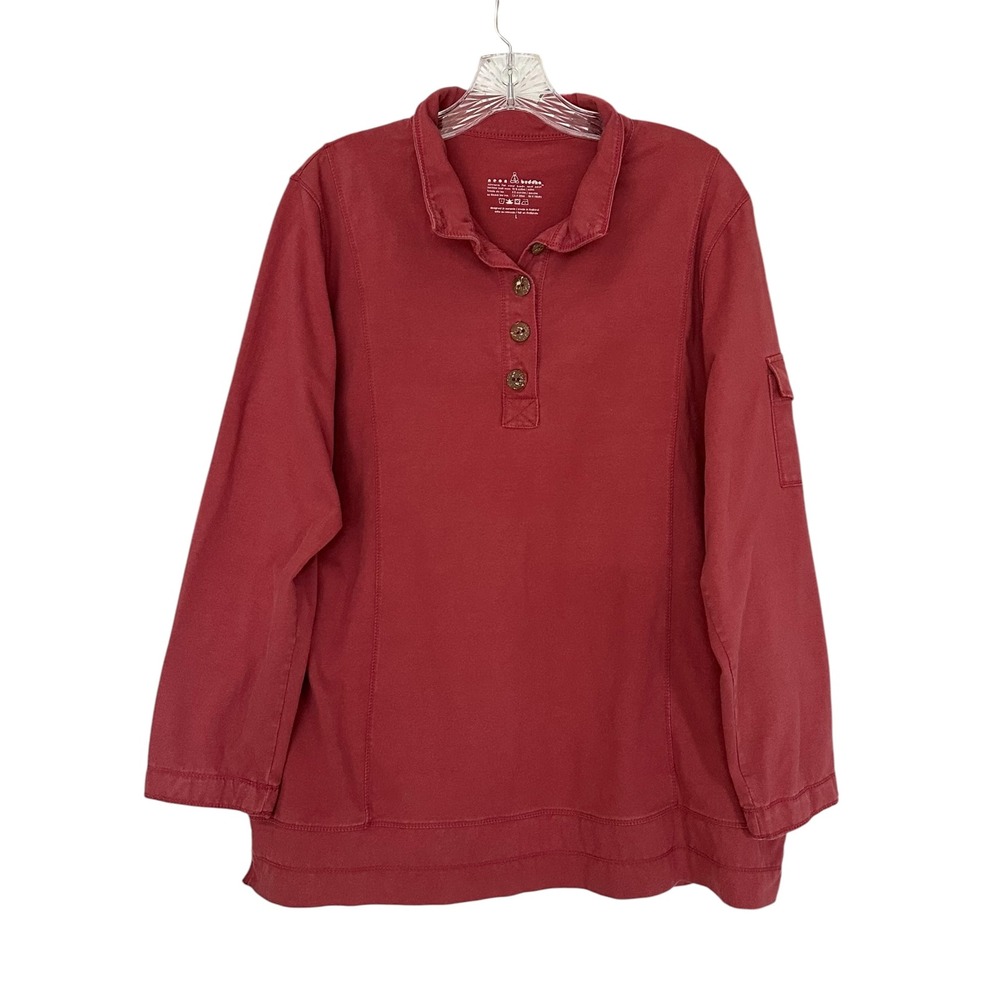 Neon Buddha Womens Brick Red Long Sleeve Henley Polo Shirt Cargo Pocket Large